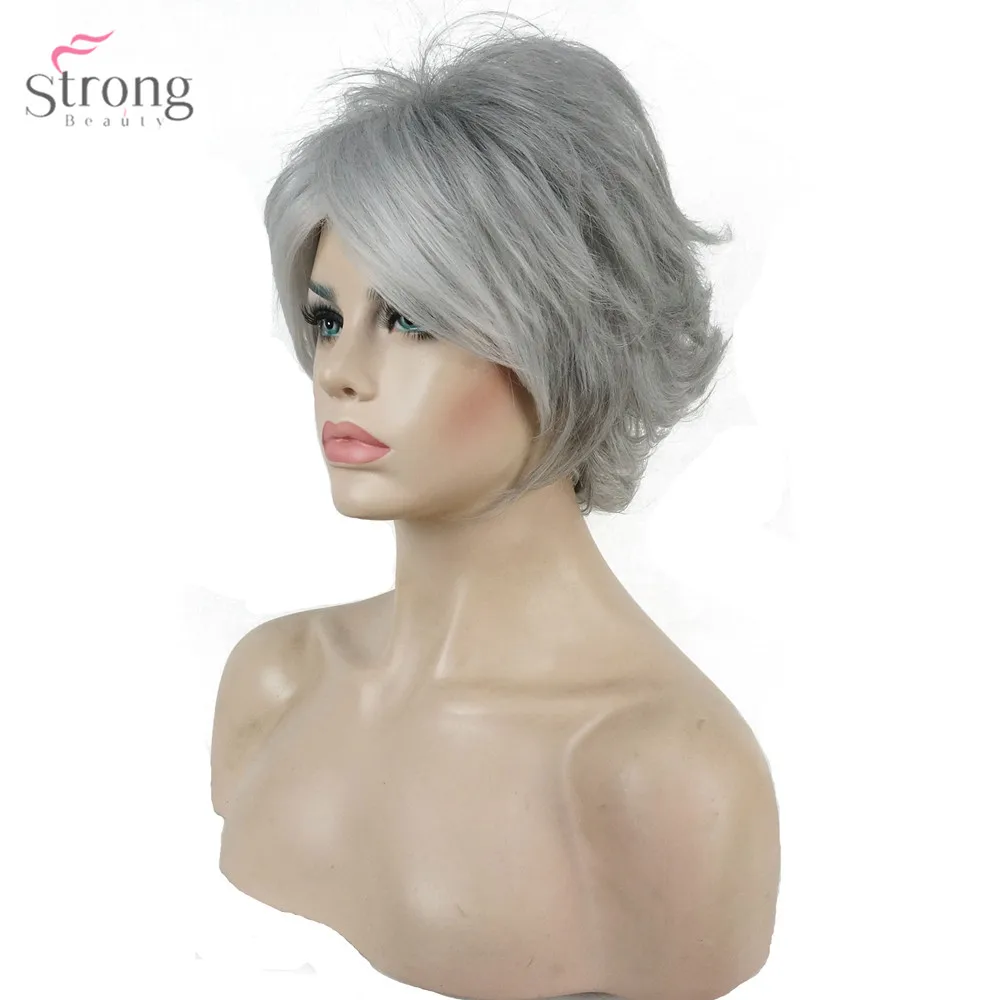 StrongBeauty женские Серебристые серые Короткие вьющиеся натуральные парики синтетические термостойкие волокна полный парик