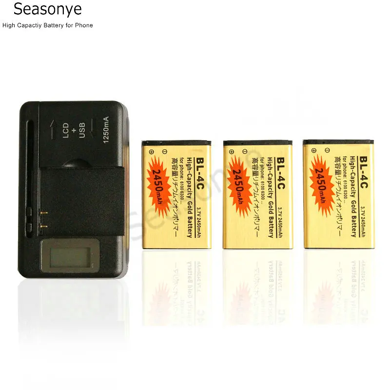 Seasonye 3x2450 мАч BL 4C / BL4C Золотой сменный аккумулятор + ЖК зарядное устройство для Nokia