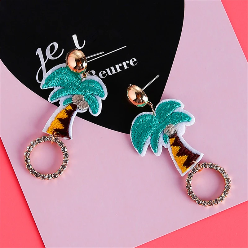 Doreen Box Embroidery Coconut Tree New Design Fashion Women Stud Earrings Clear Rhinestones Circle Jewelry 1 Pair | Украшения и