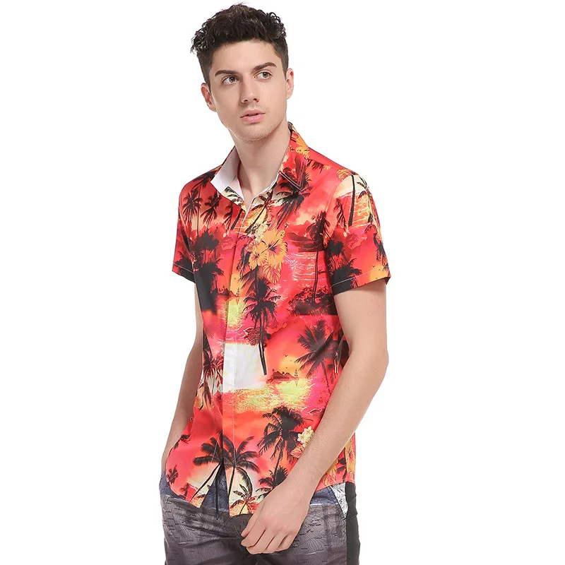 Hot Selling2018 Summer Shirt Men Thin Short Sleeve Casual Shirts 3D Print Hawaii Beach Cool Slim Camisa Masculina Red Blue | Мужская