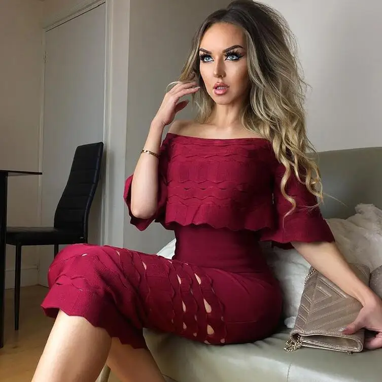 

High Quality Wine Red Slash Neck Hollow Out Half Sleeve Bodycon Bandage Dress Evening Party Dress