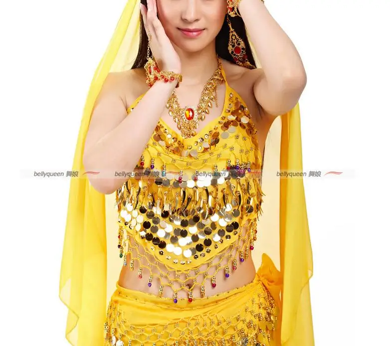 yellow Костюм для танка с бусинами и колокольчиками, топ для танцев, Одежда для танцев, SF58 - Цвет: yellow