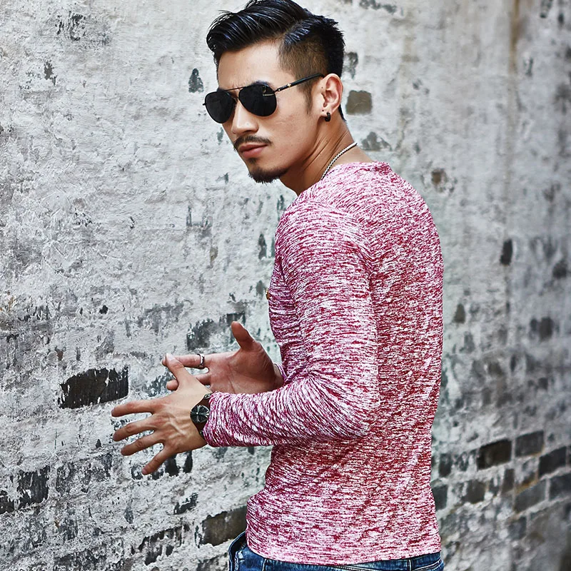 

2018 New men's autumn long-sleeved t-shirt solid casual V-neck t shirt mens brand fashion summer tshirt male camiseta camisa