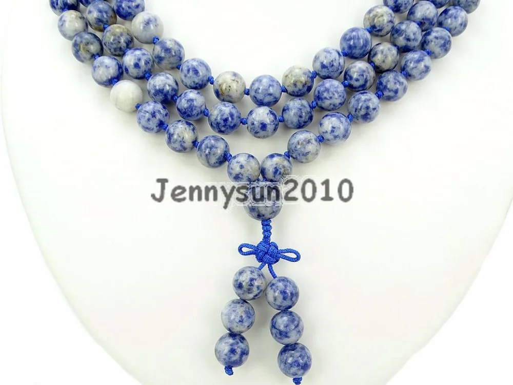 

Natural Blue Spot 10mm Gems Stone Buddhist 108 Beads Prayer Mala Knot Necklace Multi-Purpose 5Strands/Pack