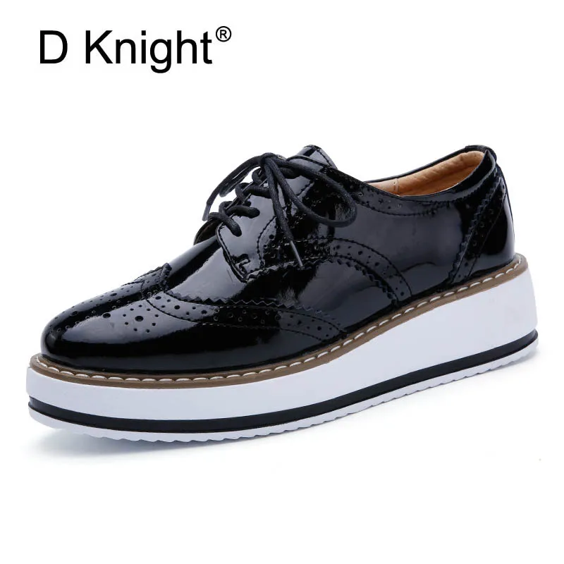 

2018 Ladies Brogue Shoes Lace-Up Platform Oxfords Shoes Woman Casual PU Patent Leather Creepers Spring Fashion Solid Women Flats