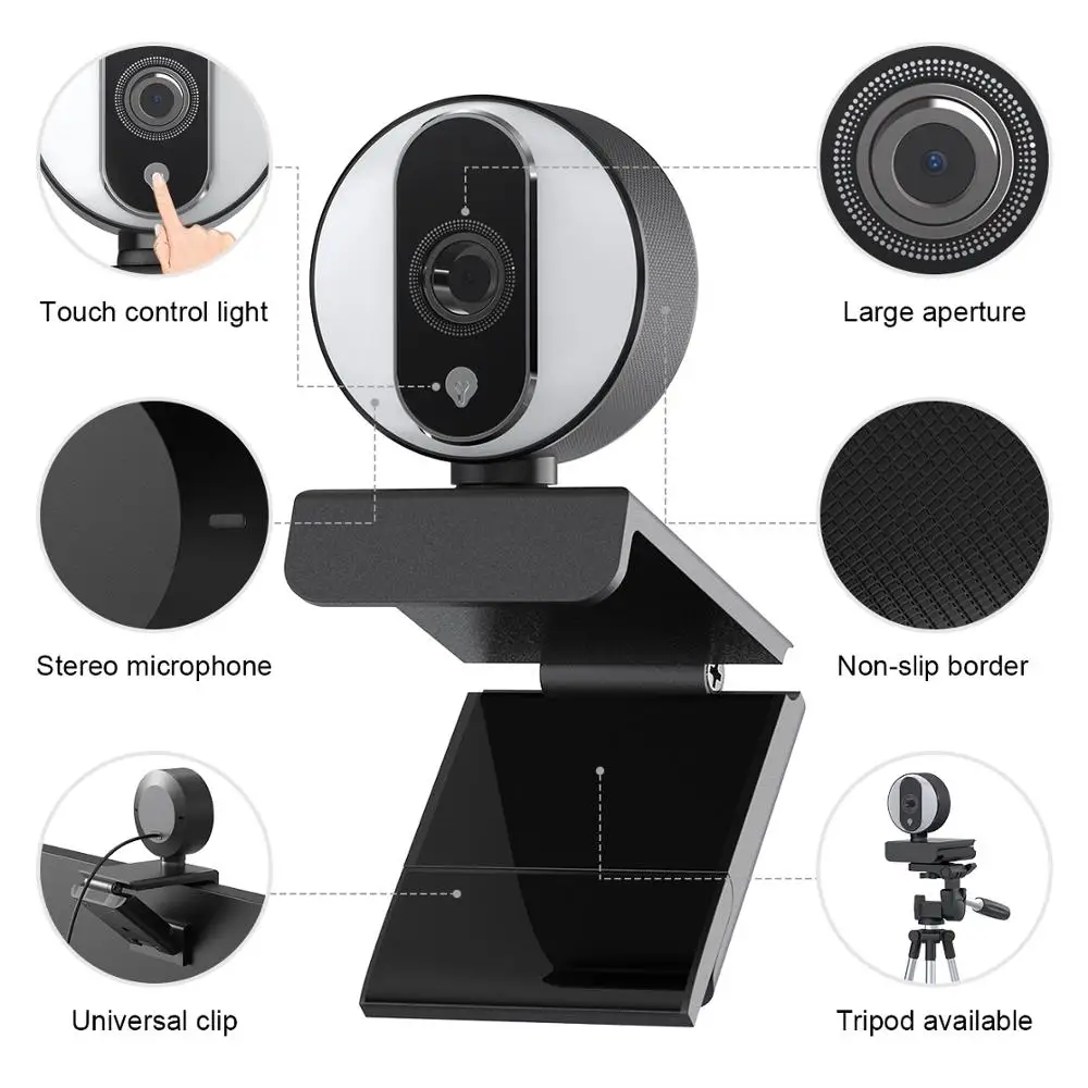 Веб камера HD 1080P встроенный регулируемый кольцевой светильник с автофокусом USB