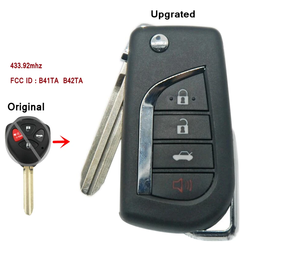 Высокого качества Флип-пульт дистанционного ключа для Toyota Camry Corolla Hilux 4/3+ 1 кнопки 4D67 чип 433,92 МГц FCC, аддитивного цветового пространства(ID: B41TA B42TA