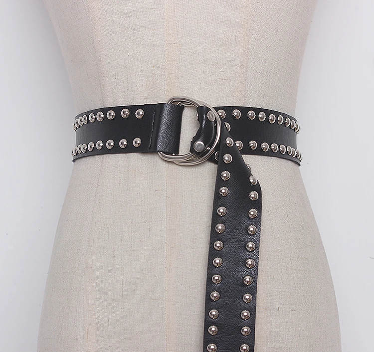 

Double-Faced PU Women Waist Belt Punk Rivet Soft Leather Double RIngs Buckle Adjustable Large Size Corset Strap Pant Dress Belts