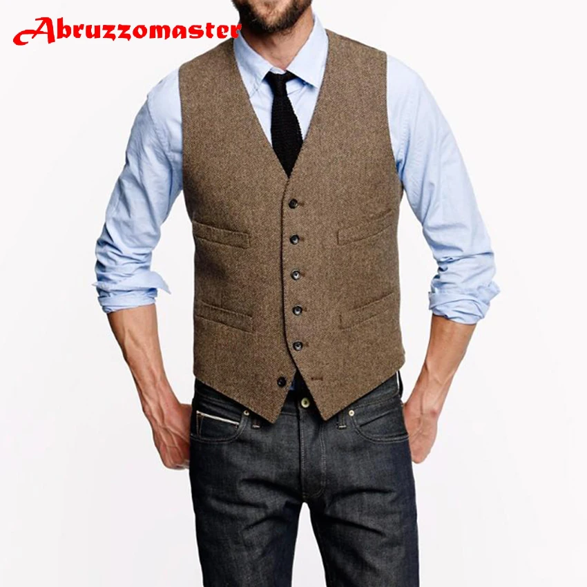 

Abruzzomaster Farm Wedding Vintage Brown Tweed Vests Custom Made Groom Vest Mens Slim Fit Tailor Made Wedding Waistcoat