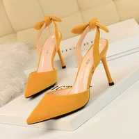 korean fashion slim heel super high heel suede shallow pointed hollowed out small bow tied sandals