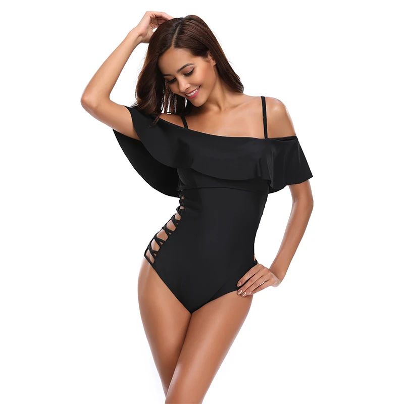 

New Sexy Off Shoulder Swimsuit Women One Piece Suit Solid Black Bathing Suit S-XL Girl Overlap Swimwear Backless Pad Monokini
