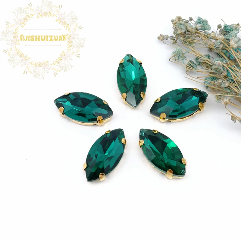 New product Horse eye Malachite green Crystal Glass Sewing Rhinestones with gold Claw DIY Wedding Dresses | Дом и сад