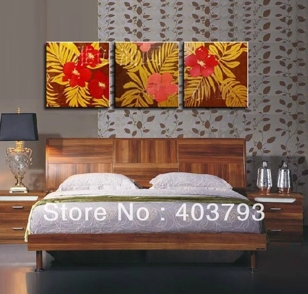 southeast asia style gold leaves red flower 3 Panels Handmade Modern Oil Painting on Canvas Wall Art Free shipping