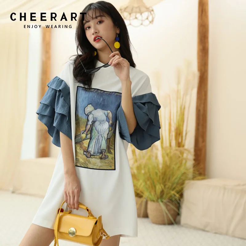 Платье-футболка Cheerart, женское летнее мини-платье с рукавами и рюшами, повседневное дизайнерское белое платье, модная женская одежда
