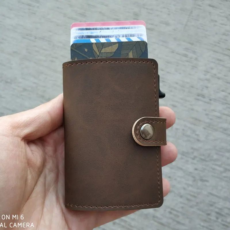 deep brown Новинка, RFID Блокировка, Ретро стиль, кредитный держатель для карт, для мужчин, алюминиевый, бизнес, ID, кожаный чехол для карт, мужской металлический держатель для карт, тонкий кошелек - Цвет: deep brown