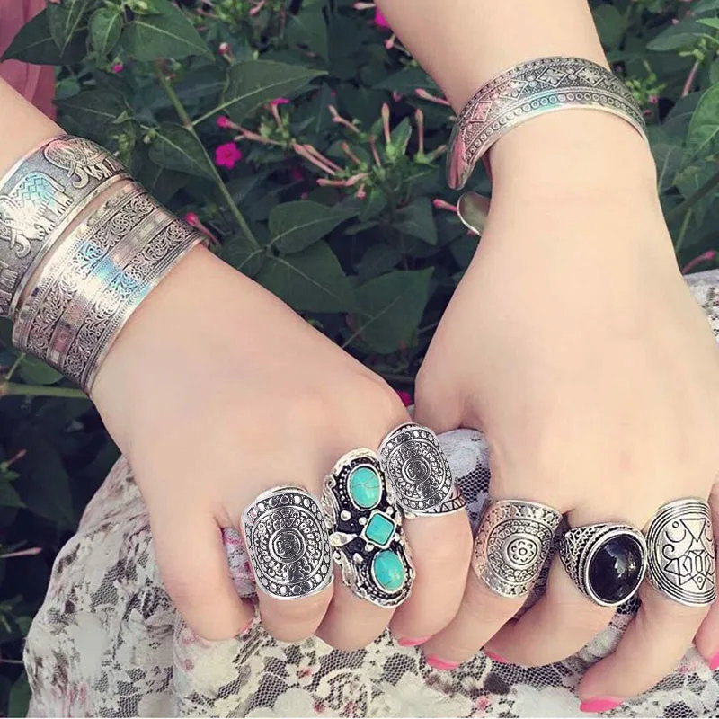 Европа богемное имитация тибетского серебра палец кольцо ширина цветок внешней