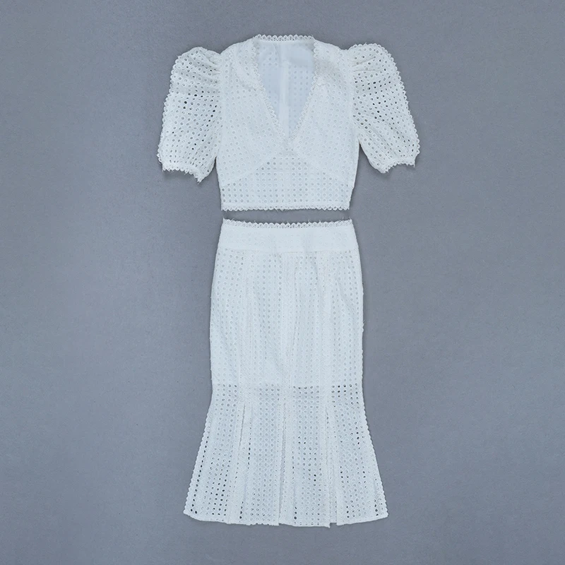 

New Arrival Elegant Dress 2019 Summer Solid White Short Dress Women Mesh Hollow Out V neck Celebrity Party Dress Wholesale