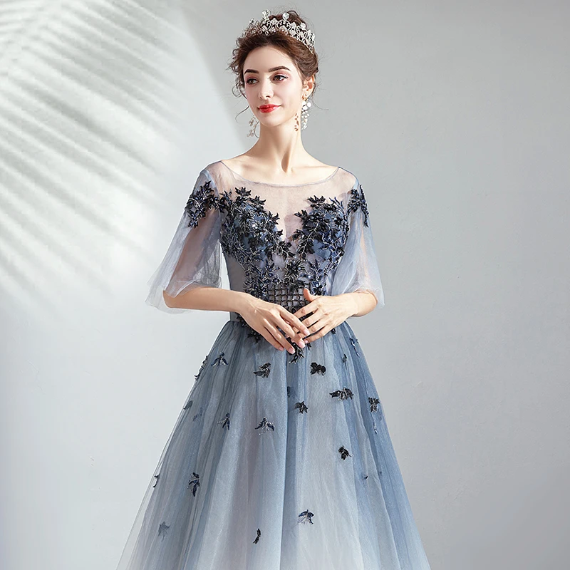 Женское вечернее платье SSYFashion синее формальное до пола с кружевной аппликацией и