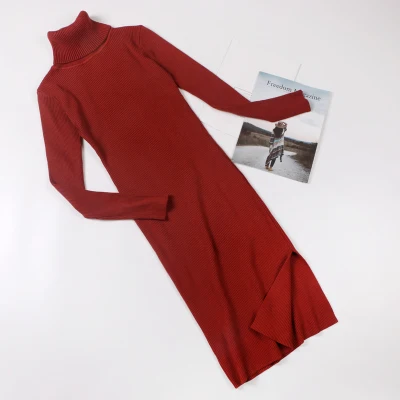 Quality Long Dresses For Women Autumn Winter Spring High Collar long-sleeved Vestidos Fashion Slit Dress Office Lady D206 - Цвет: D00206 zhuan red
