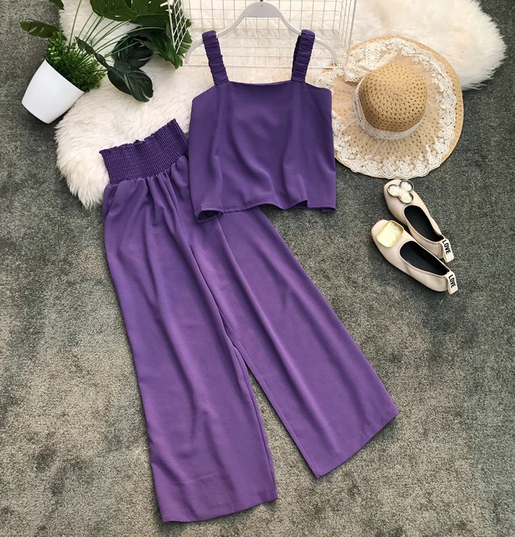 ALPHALMODA/ Летняя женская Свободная майка+ широкие брюки, повседневный комплект из 2 предметов, однотонный наряд с шортами, брюки, комплект из 2 предметов