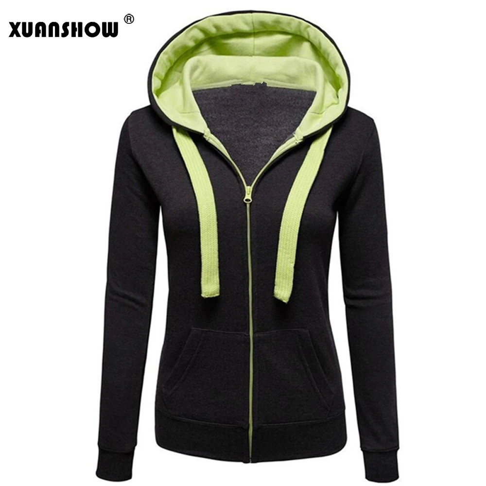 XUANSHOW новые зимние женские толстовки с капюшоном и длинными рукавами контрастный цвет большая шляпа карман на молнии Женская куртка толстовки XXXL