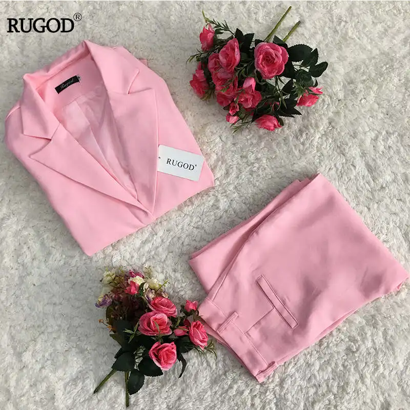 RUGOD костюм с пиджаком, однотонный простой комплект из 2 предметов, Длинная тонкая куртка+ брюки, костюм, женские блейзеры и куртки, большие размеры, Офисная Леди - Цвет: pink