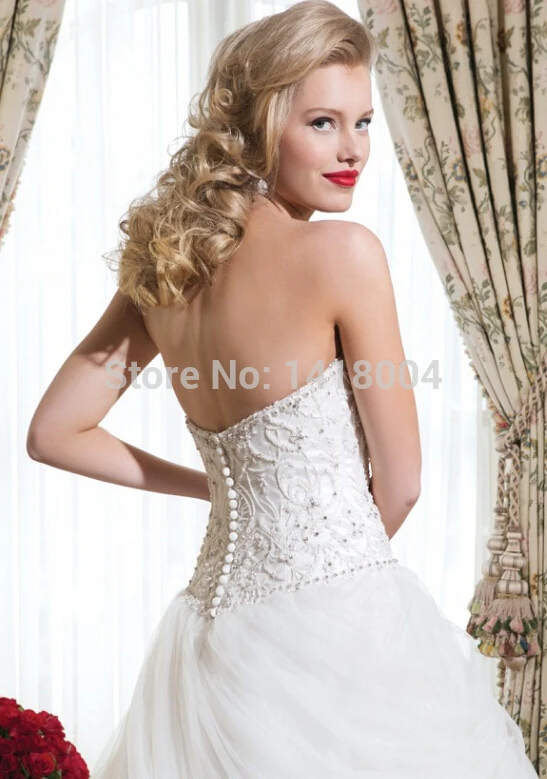 2015 New A Line Sexy Wedding Dresses Backless Sweetheart Ruffles Beading Sparkling crystals Three Quarter Elegant Bridal Gowns | Свадьбы и