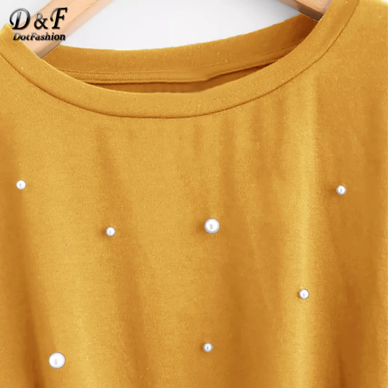Dotfashion женская футболка с длинным рукавом, украшенная бисером и жемчугом, осень, модная женская одежда, Весенняя Повседневная футболка с круглым вырезом
