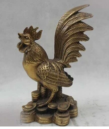 

Copper Crafts decoration Fine Buddha Brass 8"Chinese Folk Pure Brass Lucky Lifelike Money drawing rooster Statue