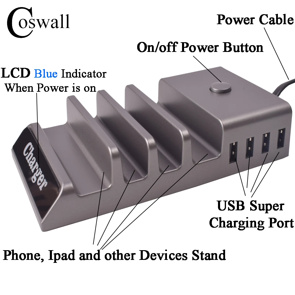 Coswall, USB удлинитель, 4 выхода, USB Супер порт зарядки, защита от перегрузки, кабель 1,3 м, стандарт ЕС, США, вилка