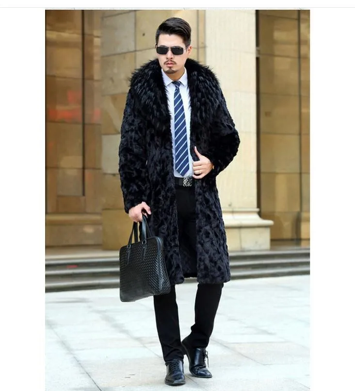 Мужская зимняя шуба из искусственного меха норки повседневная черная длинная