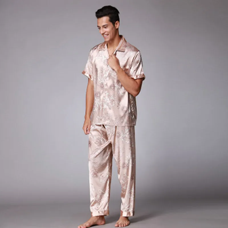 Style 4 Шелк Для мужчин пижамный комплект с длинными рукавами(рубашка с карманом и штаны с вышивкой из искусственного шёлка с летним принтом пижамный комплект 2 шт./компл. Модные мужские домашняя одежда - Цвет: Style 4