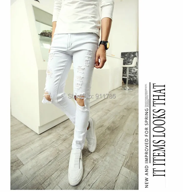 Мужские рваные джинсы в стиле панк Белые Повседневные облегающие черные с