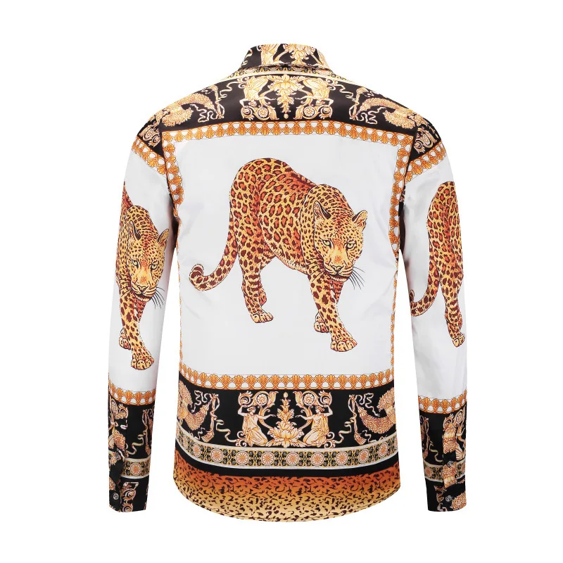 Брендовая роскошная мужская рубашка с золотым леопардовым принтом повседневная
