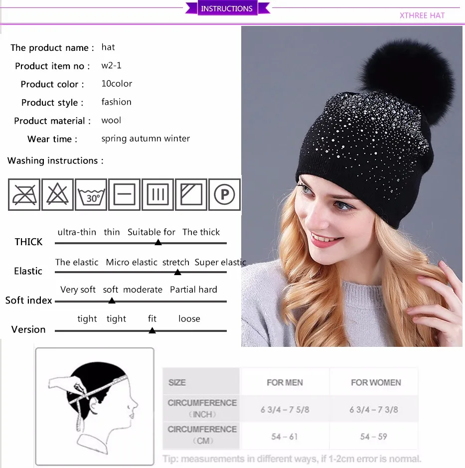 [Xthree] Женская зимняя шапка, шапка из кроличьего меха, шерстяная вязаная шапка, женская шапка из норки с помпоном, блестящие шапки со стразами для женщин
