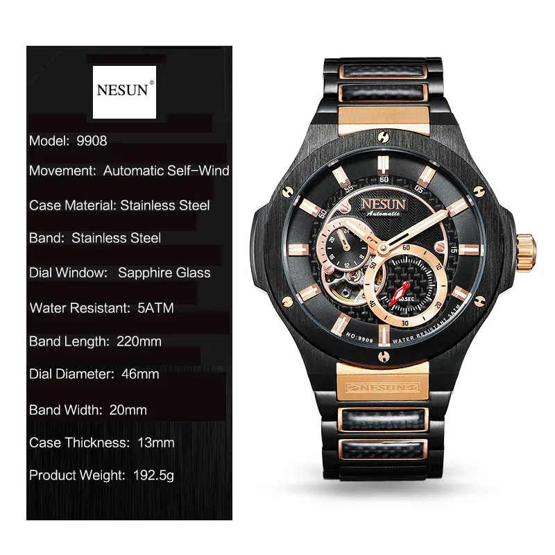 Часы наручные NESUN Мужские механические креативные автоматические брендовые