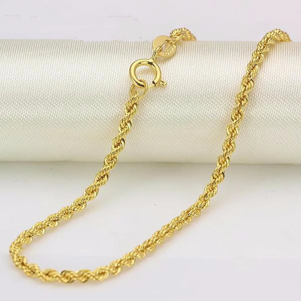 

New Real 18k Yellow Gold Chain Women Men Luck 2mmW Rope Chain Necklace
