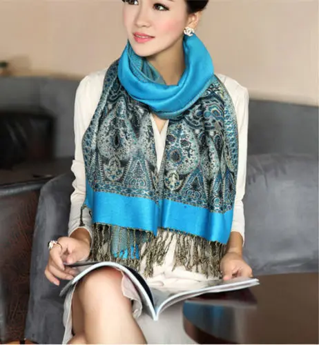 Хит продаж синие пашмины 100% кашемир женские шарфы пейсли цветочный стиль