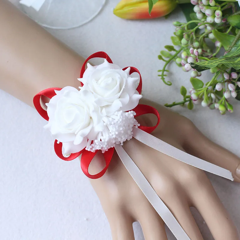 YO CHO Prom Beutiful PE розы вечерние цветы на запястье Свадебные наручные Цветы розовые подружки невесты шелковый корсаж ручной цветок для свадьбы - Цвет: red