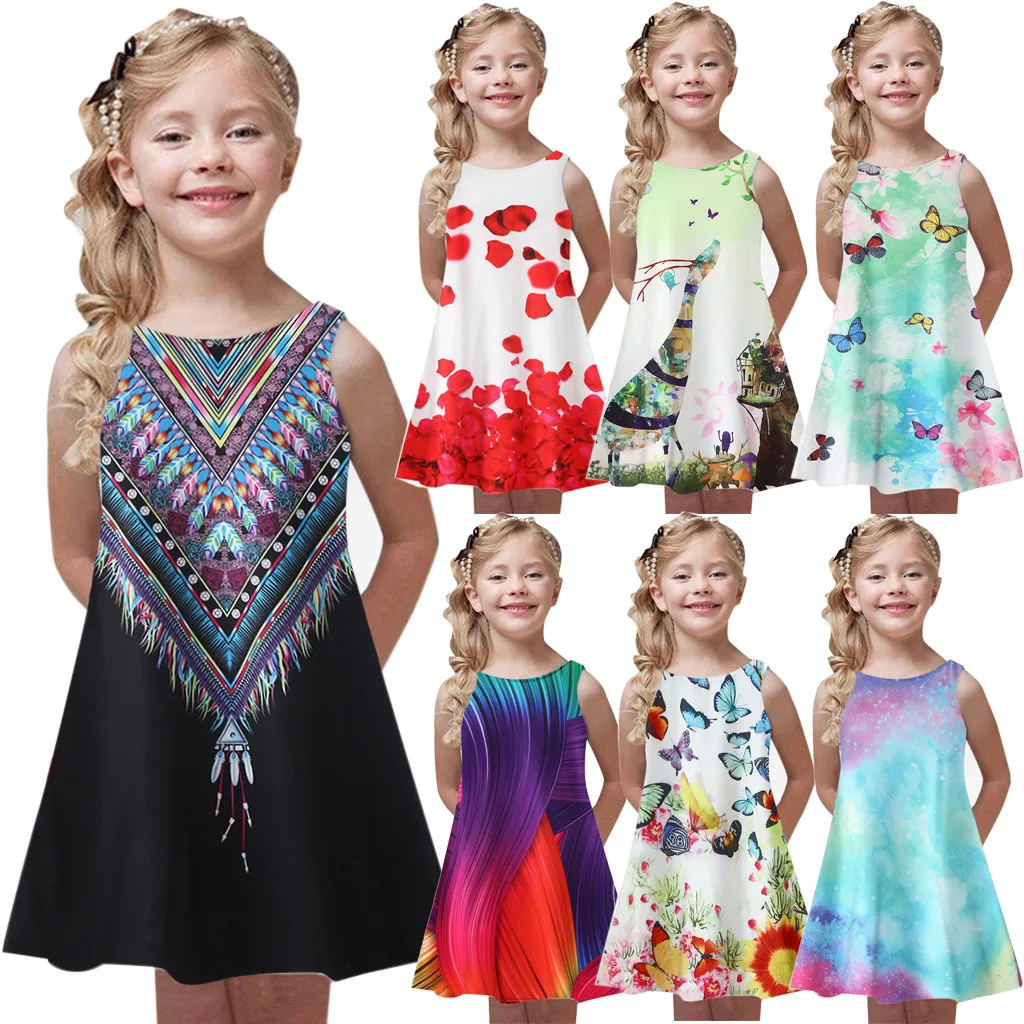 Toddler Girls Summer Princess Dress Kids Baby Printing Party Sleeveless Dresses Casual Kid girl Children's Clothing Suit | Детская