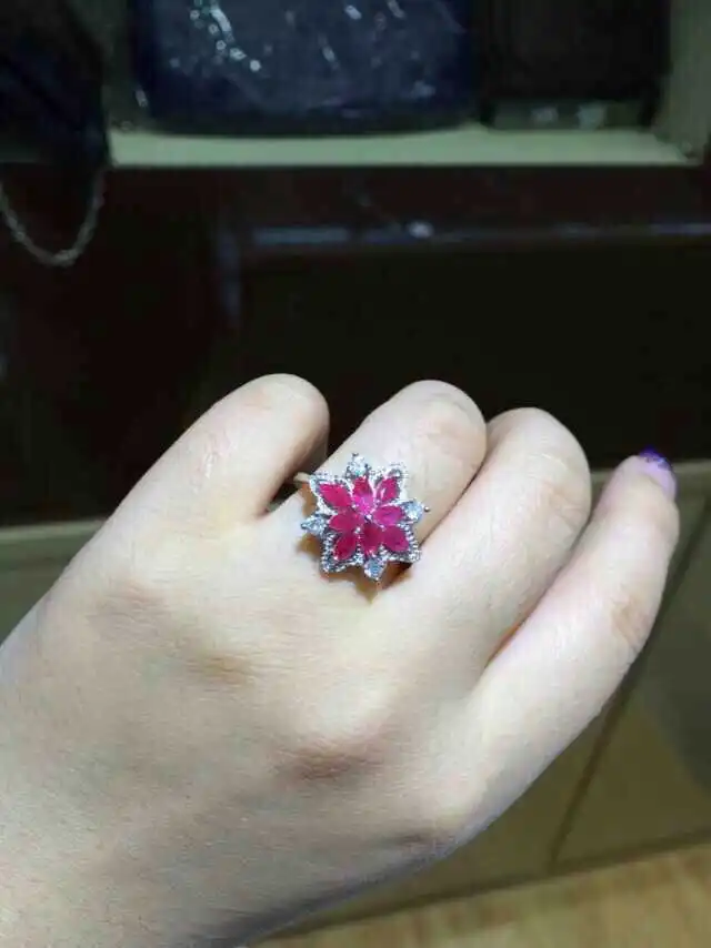 

Natural red ruby stone Ring Natural gemstone Ring S925 sterling silver trendy Luxury big flowers women wedding fine Jewelry
