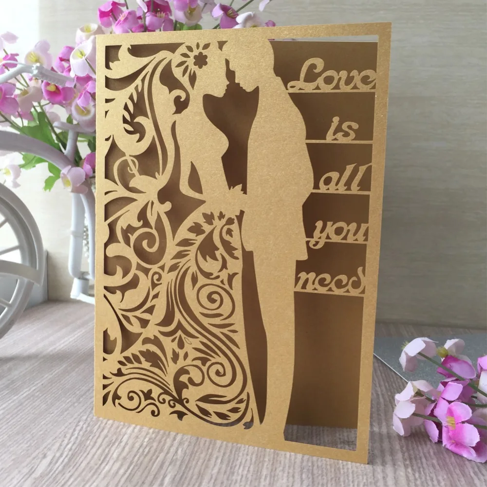

25pcs/lot Lovers Romantic Hollow Laser Cut Pearl Paper Wedding Invitation Card Engagement Marriage Invitations Supplies
