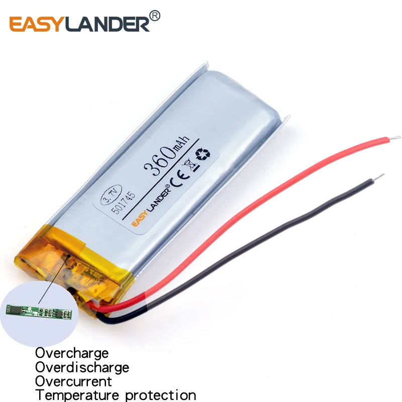 501745 3.7V 360mAh Rechargeable Li-Polymer Li-ion Battery For Mp3 Mp4 Mp5 DIY PAD DVD DVR E-book bluetooth headset 051745 501646 |