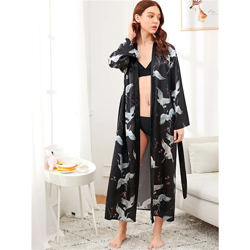 Dotfashion, черный журавль, с атласным поясом, длинный халат для женщин, осень, элегантная одежда для сна, v-образный вырез, длинный рукав, Халат