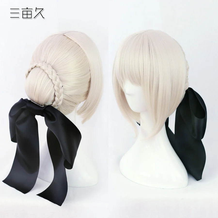 Fate Stay Night Saber Alter косплей парик + черный бант Новый светильник костюм из серых волос