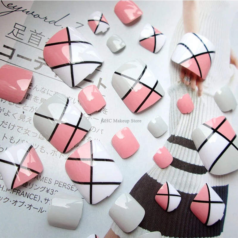 24 шт./компл. поддельные ногти ноги Короткие квадратные ногти Ложные ногти носок Смешанная разноцветная аппликация дизайн законченный нажмите на ноготь искусство с клеем