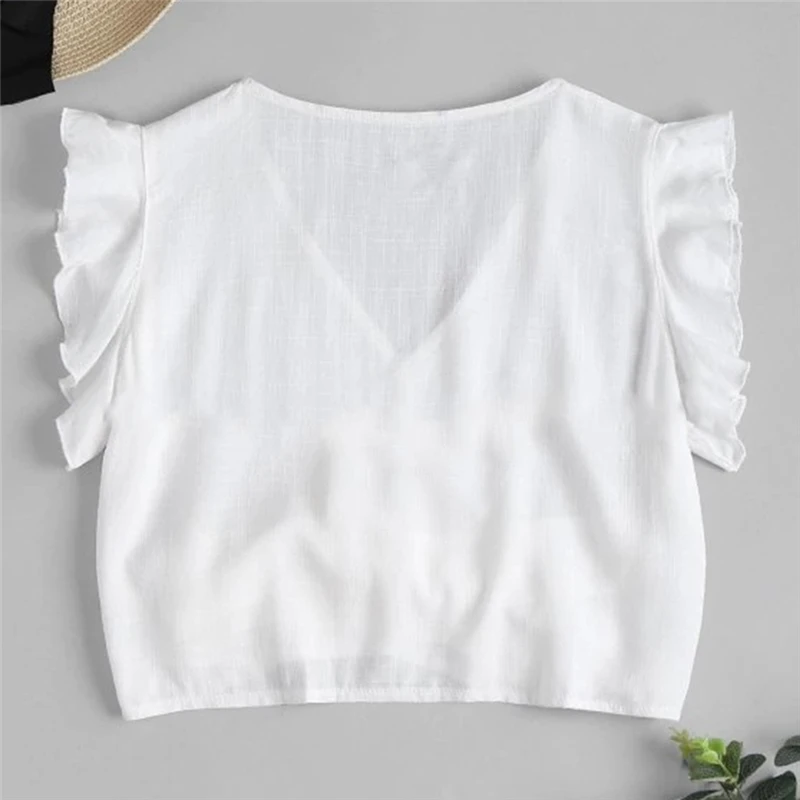 Сексуальная рюшами Топы с бантами Для женщин летние V шеи бретели топы розовые на