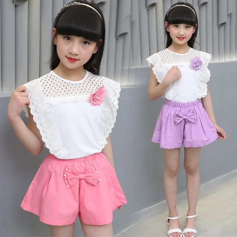 Комплект летней одежды для девочек кружевной жилет и шорты комплект 6 8 10 12 14 лет |