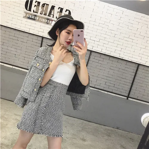 picture color CBAFU новые модные женские костюмы Длинные рукава Элегантный жакет кисточкой юбка костюм женщины комплект из 2 предметов твидовая юбка пальто костюм N853 - Цвет: picture color