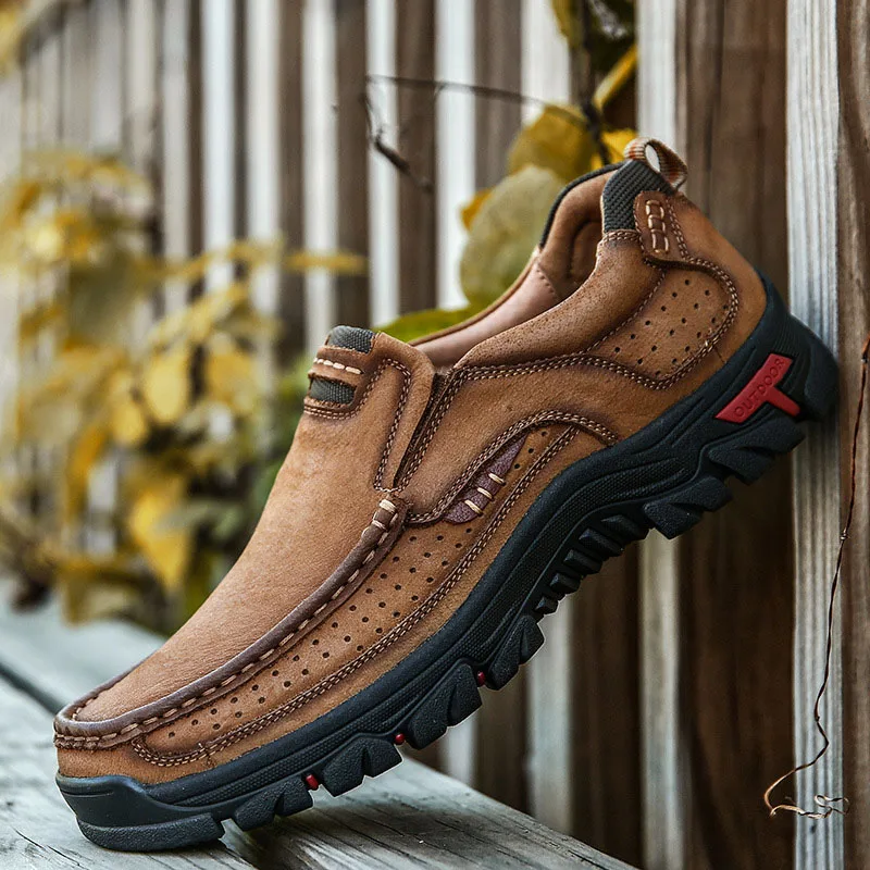 Brown Slip On Летняя мужская повседневная обувь; дышащая кожаная обувь для отдыха; Мужская Уличная обувь без застежки; нескользящая обувь; большой размер 48 - Цвет: Brown Slip On